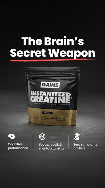 A minimalist, dark-themed ad creative highlighting the cognitive benefits of Creatine Monohydrate with clear icon-based feature callouts.